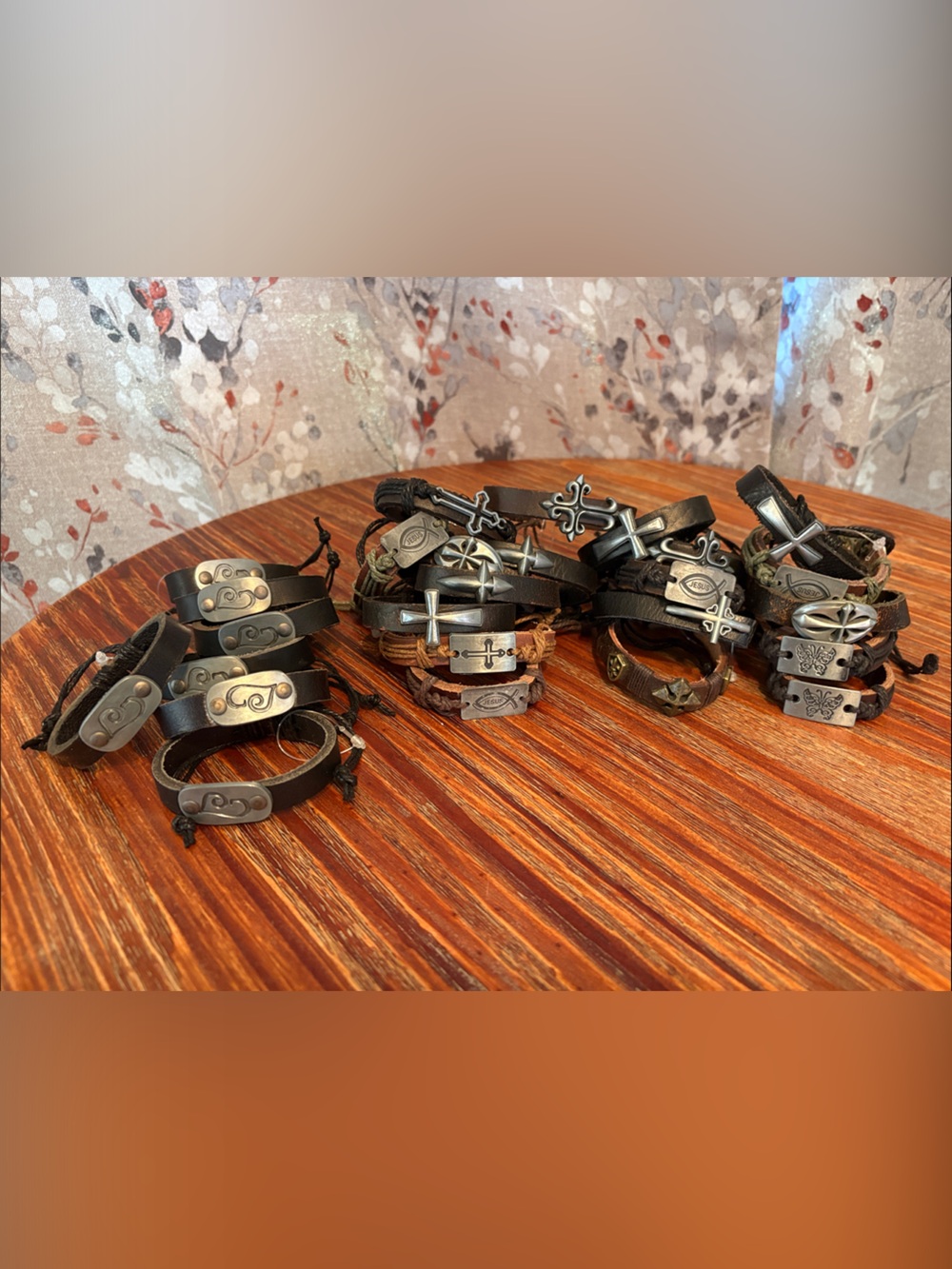Lot of 25 women’s & men’s Black and Brown Leather Cross & Plate Bracelets - NEW